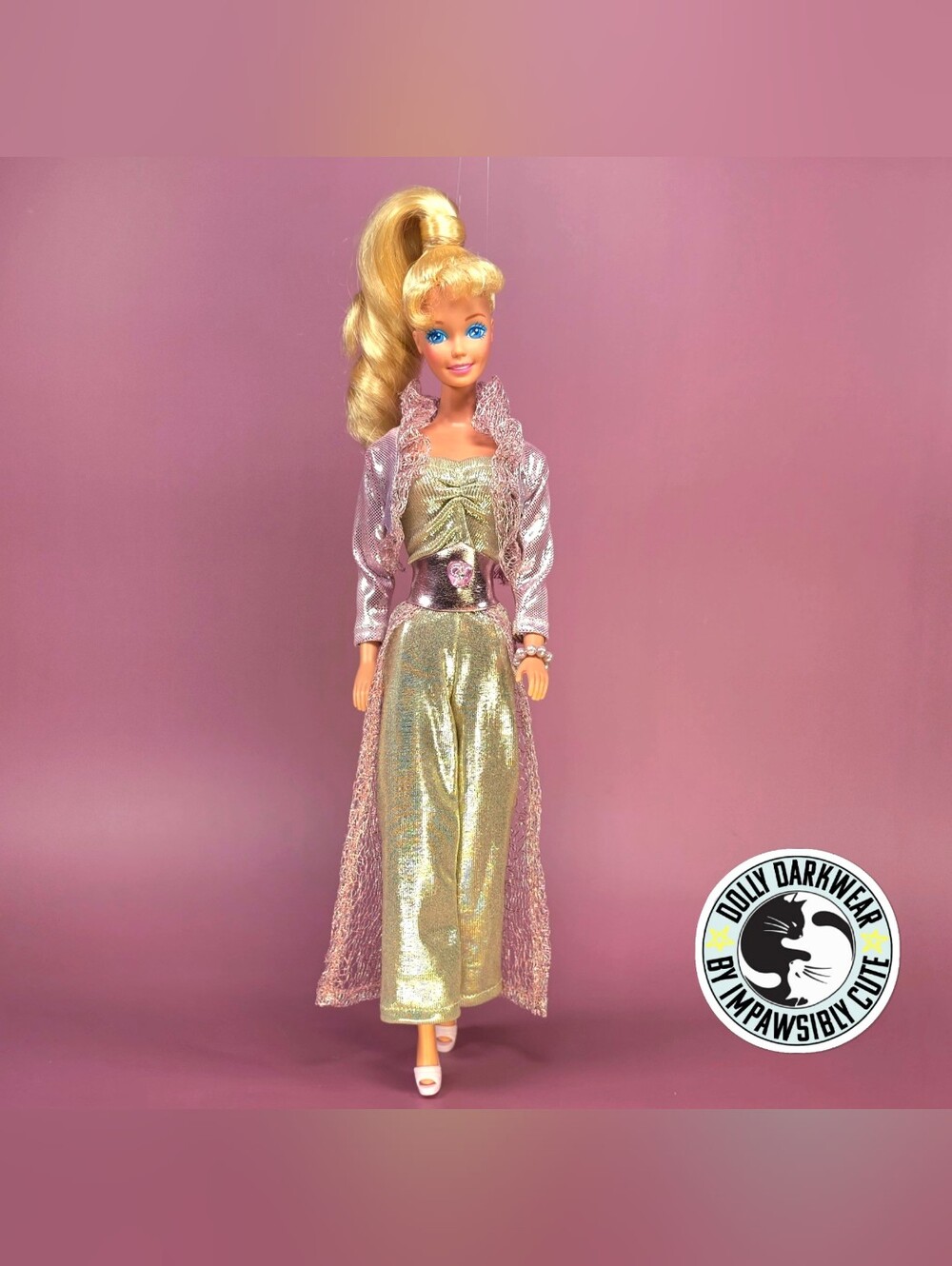 For Superstar Barbie Doll- Pink and Gold Shimmering Jumpsuit Ensemble